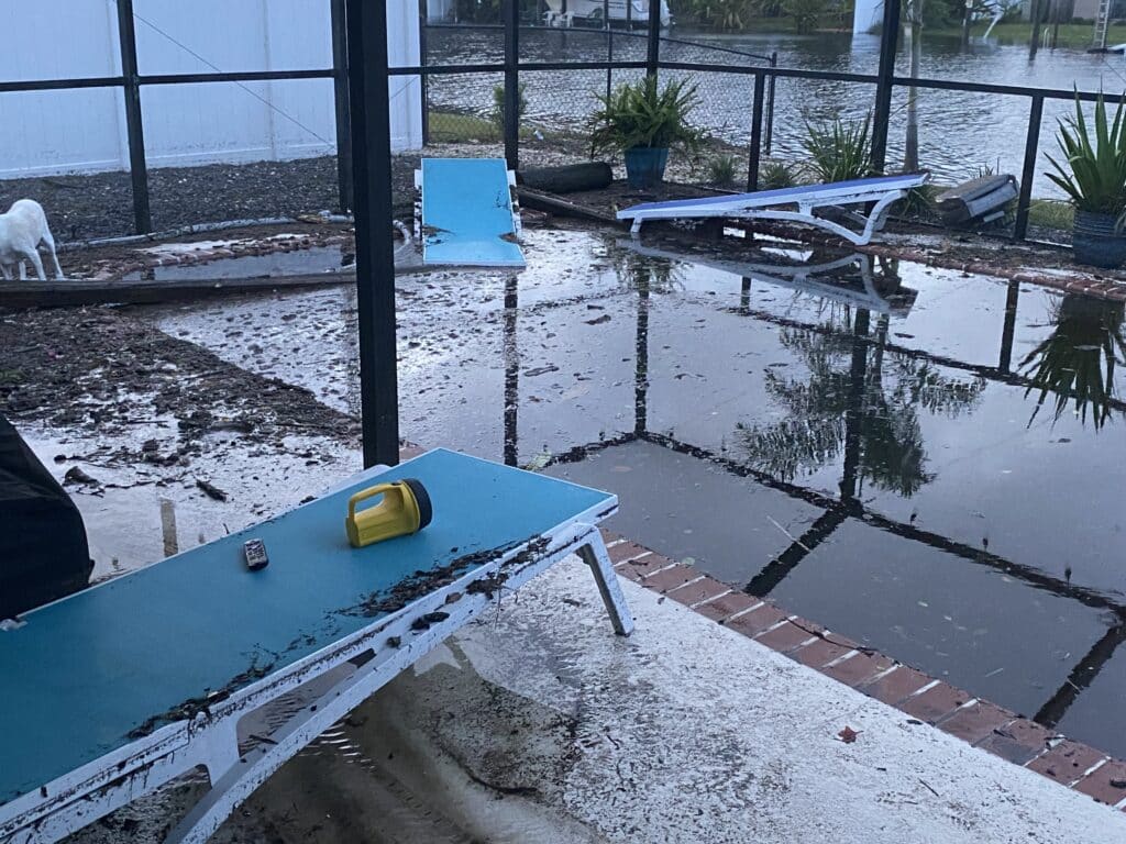 A backyard pool area is flooded with debris scattered around following a hurricane. Lounge chairs and a white dog visible in the background.